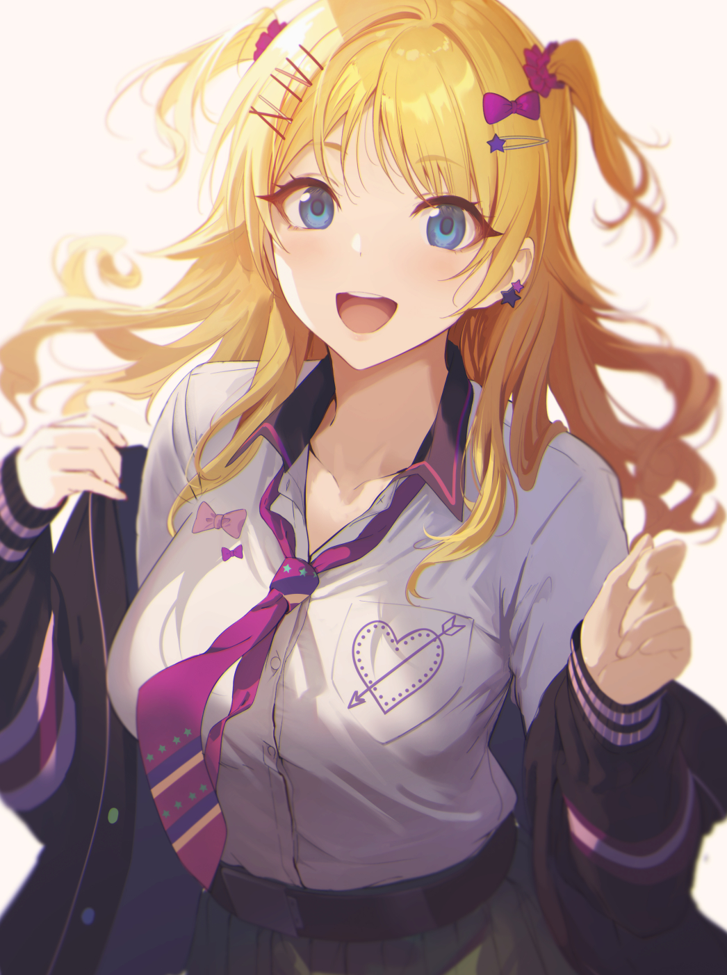 1girl :d black_jacket blonde_hair blue_eyes bow breasts collarbone commentary_request earrings hachimiya_meguru hair_bow hair_ornament hairclip highres idolmaster idolmaster_shiny_colors jacket jewelry long_hair long_sleeves looking_at_viewer medium_breasts necktie open_mouth pink_neckwear shirt smile sola_(solo0730) solo star_(symbol) star_earrings teeth two_side_up upper_teeth white_shirt