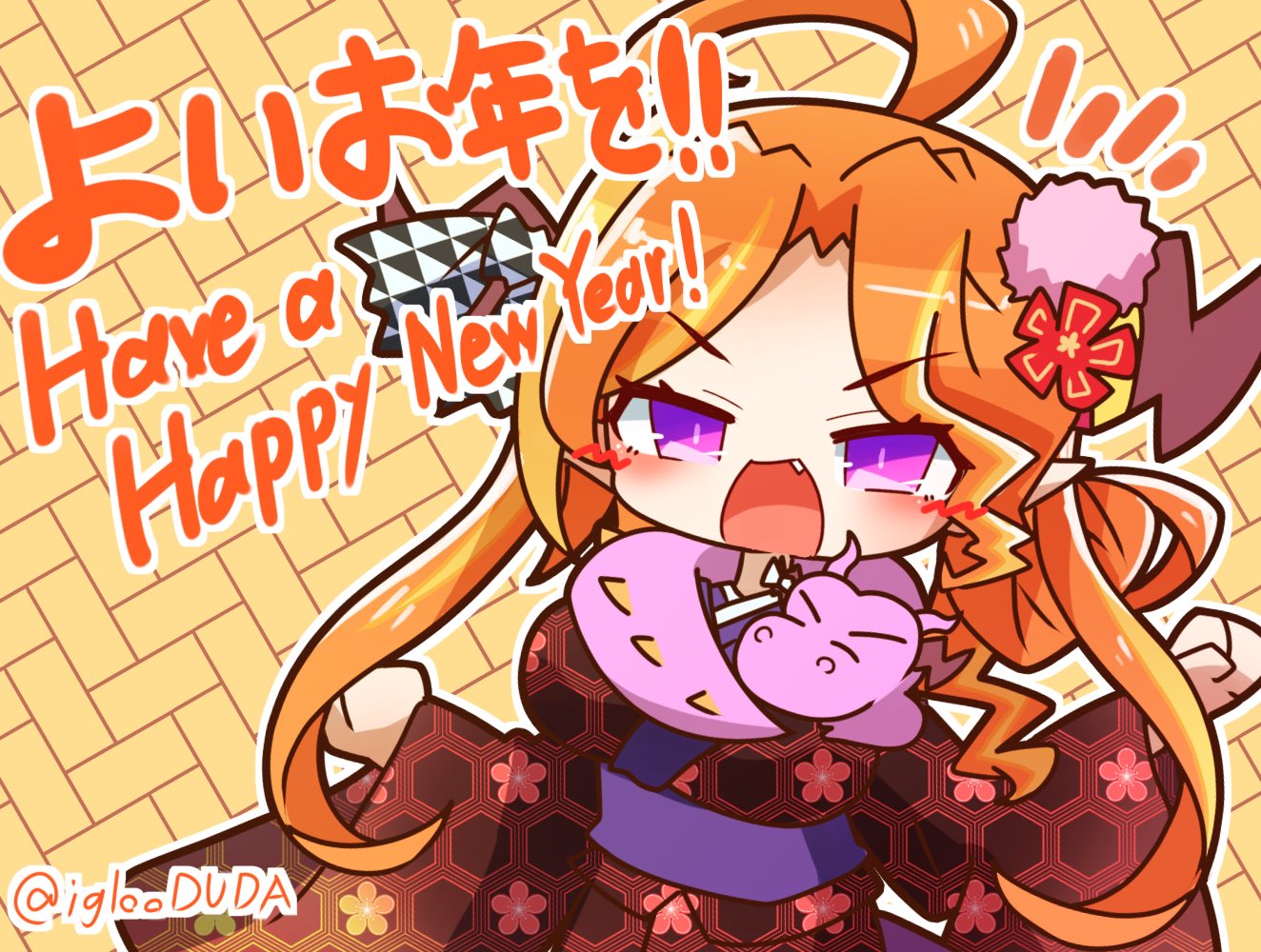 1girl ahoge alternate_costume alternate_hairstyle animal_around_neck asimo953 bangs blonde_hair blush chibi commentary_request dragon dragon_girl dragon_horns eyebrows_visible_through_hair fang floral_print hair_ornament happy_new_year highlights hololive horns japanese_clothes kimono kiryuu_coco kiryuu_coco_(dragon) medium_hair multicolored_hair new_year open_mouth orange_hair parted_bangs purple_eyes red_kimono ribbon solo streaked_hair striped striped_ribbon tied_hair translation_request twitter_username upper_body virtual_youtuber wide_sleeves