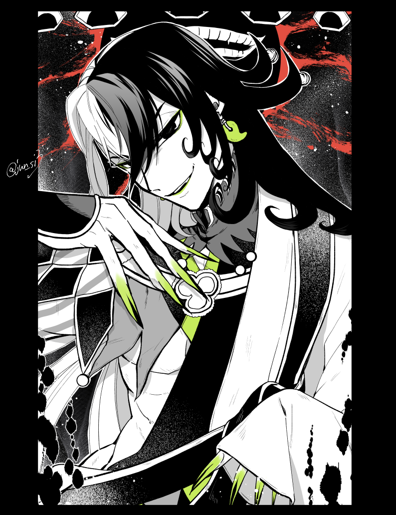 1boy akimitsu-dono ashiya_douman_(fate) asymmetrical_clothes asymmetrical_hair bell black_eyes black_hair curly_hair earrings evil_smile extra_ears fate/grand_order fate_(series) fingernails green_eyeshadow green_lipstick green_nails hair_bell hair_between_eyes hair_intakes hair_ornament japanese_clothes jewelry kimono lipstick long_hair magatama magatama_earrings makeup male_focus monster multicolored_hair open_clothes open_kimono ribbed_sleeves sharp_fingernails smile spot_color toned toned_male two-tone_hair upper_body vanpiru_jun very_long_fingernails very_long_hair white_hair