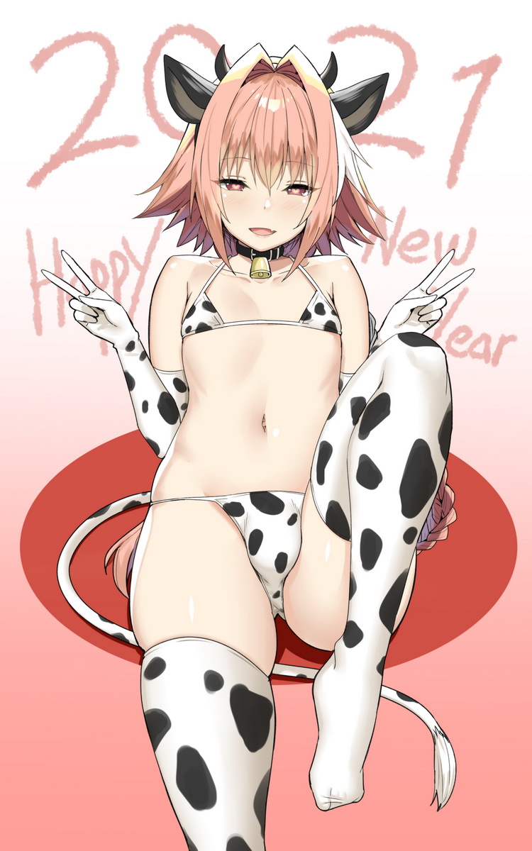 1boy 2021 animal_ears animal_print astolfo_(fate) bell bikini braid braided_ponytail bulge collar cow_ears cow_horns cow_print cow_tail cowbell double_v english_text fake_horns fake_tail fang fate/apocrypha fate_(series) flat_chest happy_new_year heart heart-shaped_pupils highres horns long_hair looking_at_viewer multicolored_hair new_year open_mouth otoko_no_ko pink_hair red_eyes skin_fang sky_(freedom) solo streaked_hair swimsuit symbol-shaped_pupils tail thighhighs v white_hair