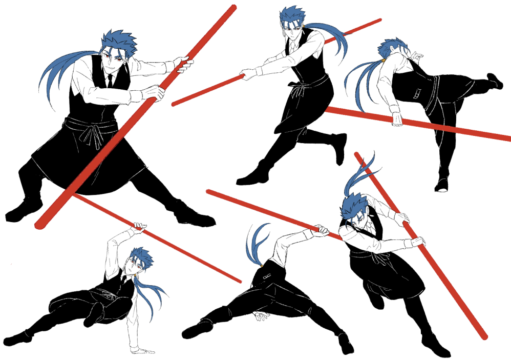 1boy alternate_costume apron blue_hair collared_shirt cu_chulainn_(fate)_(all) earrings fate/stay_night fate_(series) fighting_stance floating_hair full_body gae_bolg grin holding holding_polearm holding_weapon jewelry kicking lancer long_hair male_focus multiple_views necktie polearm ponytail red_eyes ruuto_(ruto3) shirt simple_background smile spiked_hair type-moon vest waiter weapon white_background