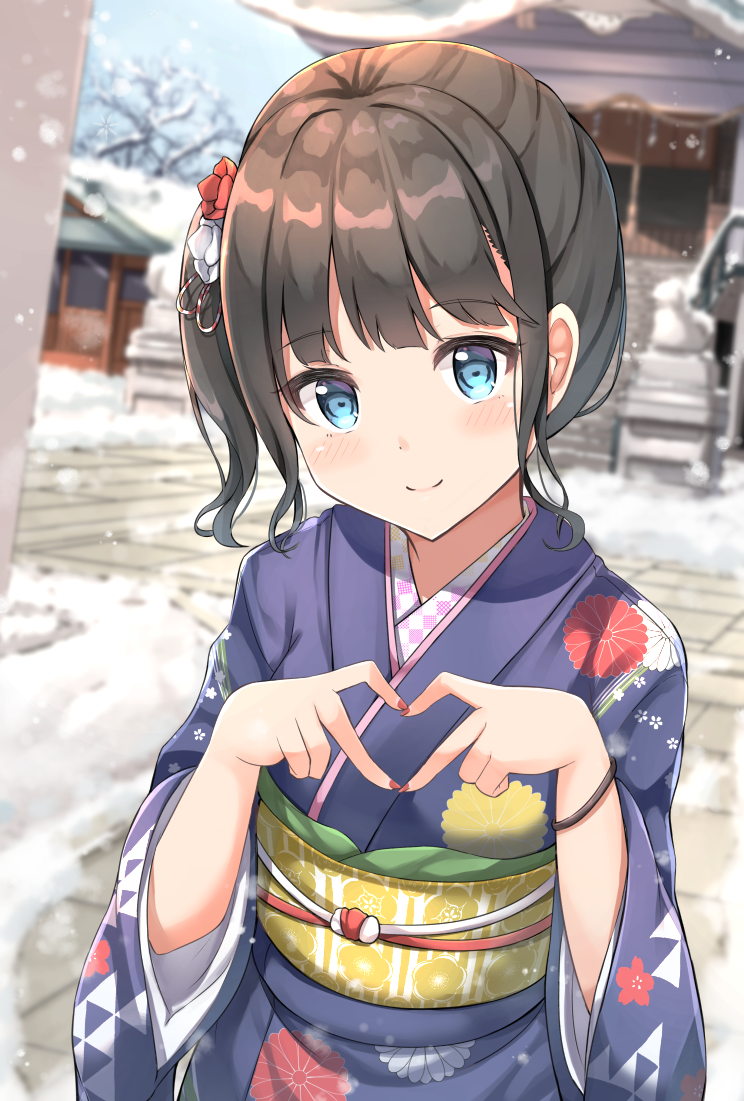 1girl bangs black_hair blue_eyes blue_kimono blurry blurry_background blush closed_mouth commentary_request day depth_of_field eyebrows_visible_through_hair floral_print furisode hands_up heart heart_hands japanese_clothes keiran_(ryo170) kimono long_sleeves looking_at_viewer nengajou new_year obi original outdoors print_kimono sash side_ponytail smile snow solo stairs stone_stairs wide_sleeves