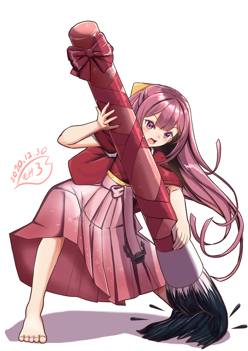 1girl artist_logo barefoot bow calligraphy_brush commentary_request dated hair_bow hakama japanese_clothes kamikaze_(kantai_collection) kantai_collection kimono long_hair looking_at_viewer meiji_schoolgirl_uniform moke_ro oversized_object paintbrush pink_hakama purple_eyes purple_hair red_kimono simple_background solo standing tasuki white_background yellow_bow