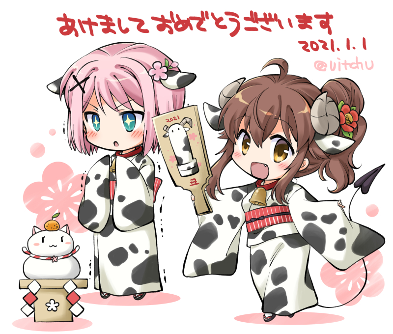 2021 2girls ahoge animal_ears animal_print bell blush brown_hair cat chinese_zodiac chiyoda_momo cow_ears cow_print curled_horns demon_girl demon_horns demon_tail eyebrows_visible_through_hair hair_ornament hairclip happy_new_year horns japanese_clothes kimono lilith_(machikado_mazoku) long_hair machikado_mazoku multiple_girls new_year offering open_mouth pink_hair shiny shiny_hair short_hair statue tail takano_ui translation_request year_of_the_ox yoshida_yuuko_(machikado_mazoku)