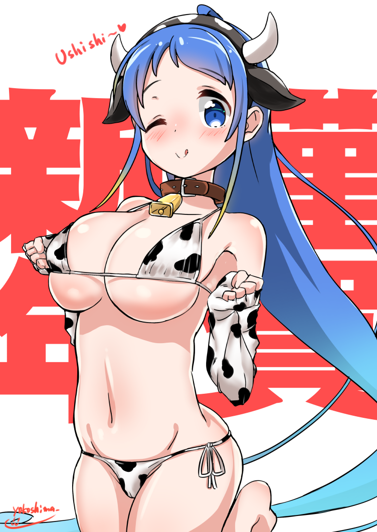 1girl animal_ears animal_print artist_name bell blue_eyes blue_hair blush breasts closed_mouth collarbone cow_ears cow_girl cow_horns cow_print cowbell groin happy_new_year heart horns kantai_collection large_breasts long_hair military military_uniform naval_uniform new_year one_eye_closed samidare_(kantai_collection) signature smile solo tongue tongue_out uniform very_long_hair white_background yokoshima_(euphoria)