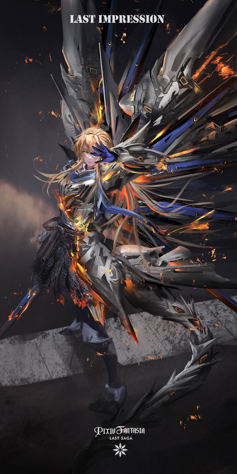 1girl bangs blonde_hair blue_gloves copyright_name english_text fantasy gloves gundam gundam_wing hand_over_eye highres looking_at_viewer mechanical_tail mechanical_wings one_eye_covered open_hand pixiv_fantasia pixiv_fantasia_last_saga solo stu_dts tail wings yellow_eyes