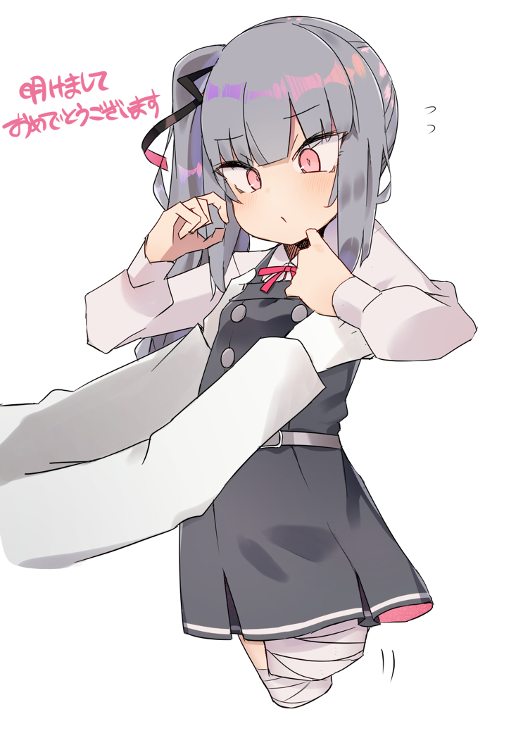 1girl amputee black_ribbon commentary_request double_amputee dress grey_hair hair_ribbon kantai_collection kasumi_(kantai_collection) long_hair long_sleeves neck_ribbon pinafore_dress pink_eyes red_ribbon remodel_(kantai_collection) ribbon shirt sleeveless sleeveless_dress solo_focus translation_request white_shirt zeroyon_(yukkuri_remirya)