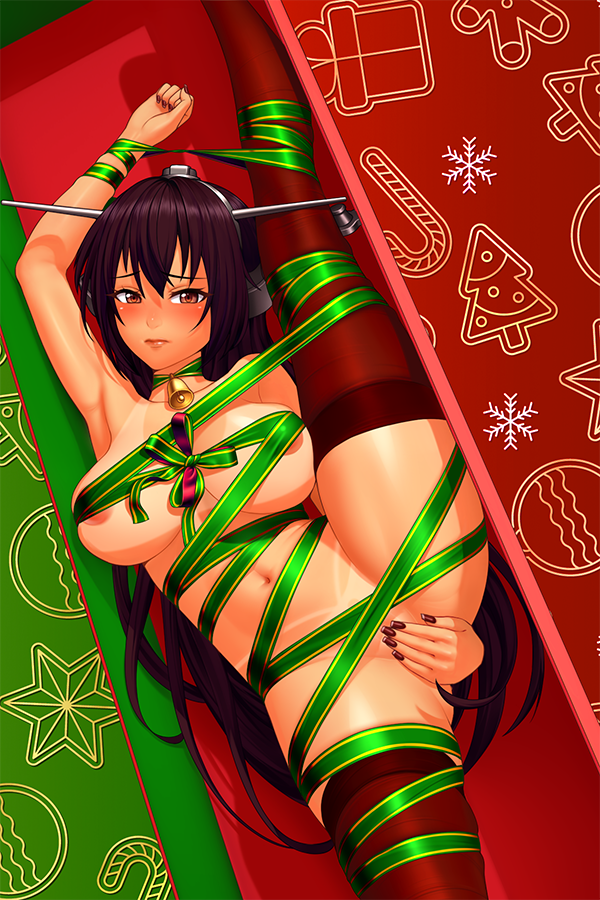 1girl areolae arm_up armpits bangs bell black_hair black_legwear blush bound christmas convenient_censoring covering covering_crotch eyebrows_visible_through_hair green_ribbon headgear in_container kantai_collection long_hair looking_at_viewer lucknight nagato_(kantai_collection) nail_polish naked_ribbon navel red_eyes ribbon ribbon_bondage solo split standing standing_on_one_leg standing_split tan tanline thighhighs