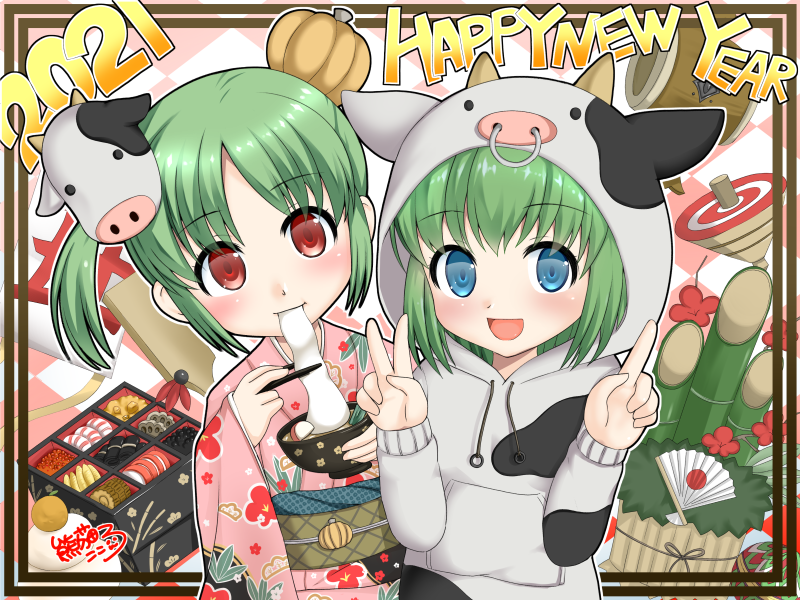 2021 2girls :d animal_ears animal_print blue_eyes blush bowl checkered checkered_background chopsticks commentary cow_ears cow_hood cow_horns cow_mask cow_print drawstring eating fake_animal_ears fake_horns floral_print green_hair grey_hoodie happy_new_year holding holding_bowl holding_chopsticks hood hood_up hoodie horns japanese_clothes kadomatsu kimono kumaneko_rococo long_sleeves looking_at_viewer mask mask_on_head mochi multiple_girls new_year obi open_mouth original pink_kimono print_kimono red_eyes sash sleeves_past_wrists smile spinning_top twintails upper_body v wide_sleeves