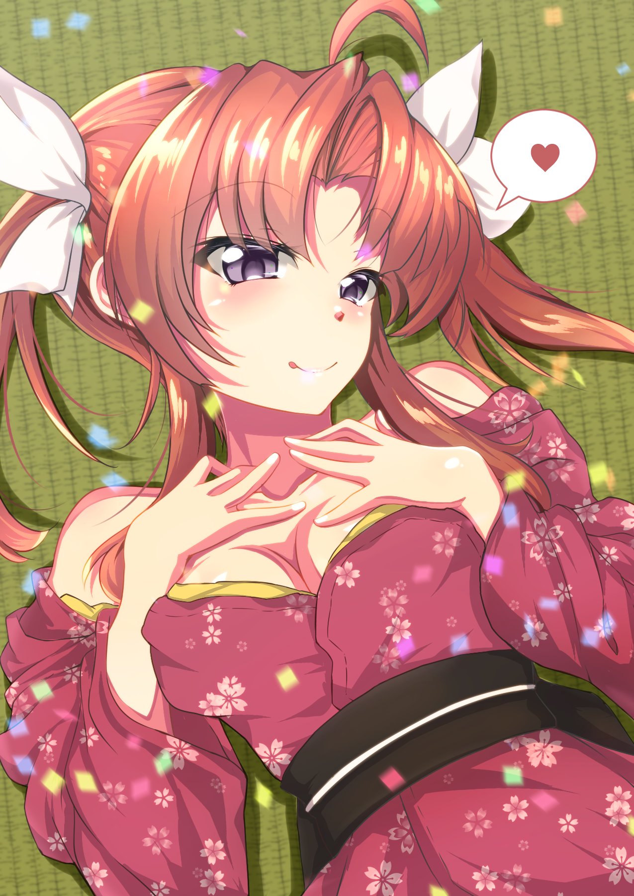 1girl ahoge breasts brown_hair cleavage commentary_request floral_print grey_eyes hair_ribbon heart highres japanese_clothes kagerou_(kantai_collection) kantai_collection kimono kumichou_(nakasato-gumi) long_hair lying medium_breasts off-shoulder_kimono red_kimono ribbon solo spoken_heart tatami twintails upper_body