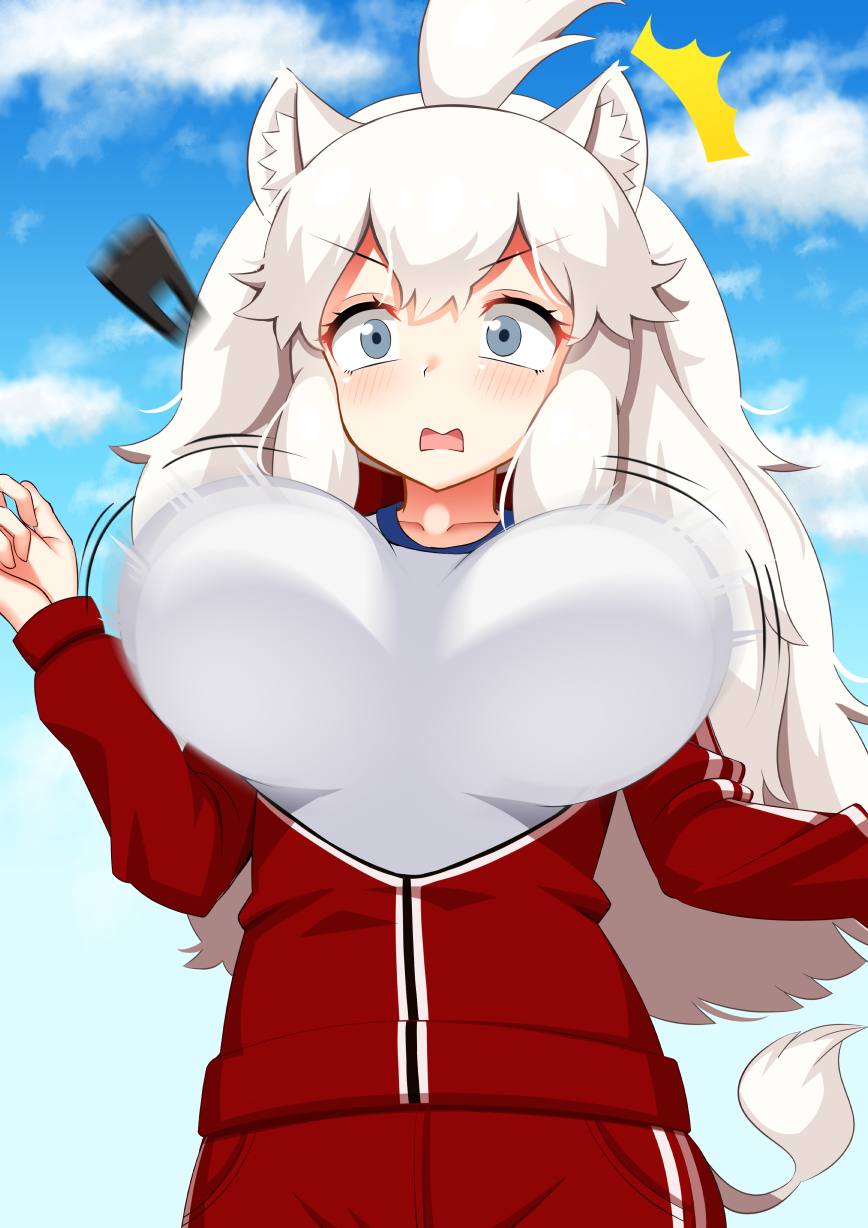 1girl animal_ears breasts bursting_breasts cloud cloudy_sky commentary_request d-frag! grey_eyes gym_uniform highres jacket kemono_friends large_breasts lion_ears lion_girl lion_tail long_hair open_mouth outdoors pants sky solo tail track_jacket track_pants track_suit washinomiya white_lion_(kemono_friends)
