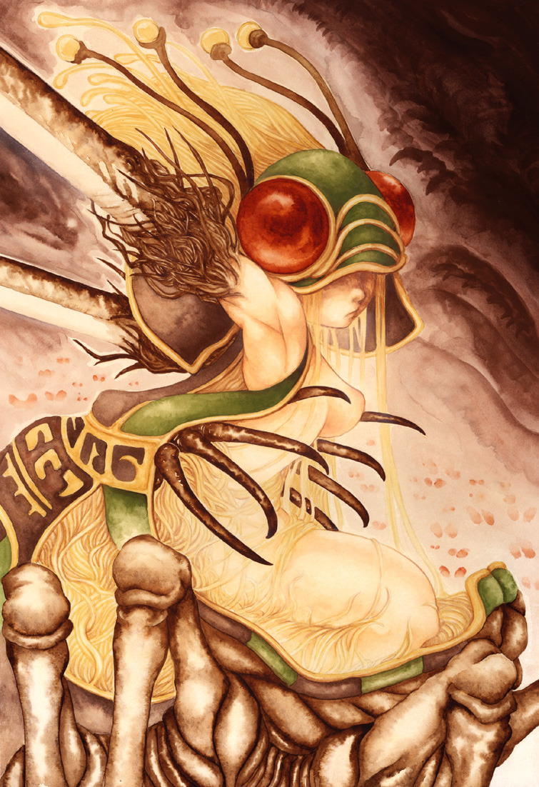 1girl ant_girl areolae arm_up armpits blonde_hair breasts brown_background closed_mouth completely_nude covered_eyes cowboy_shot dual_wielding extra_legs holding insect_girl jiffy long_hair looking_at_viewer looking_to_the_side maya_(ragnarok_online) medium_breasts monster_girl nude ragnarok_online red_eyes sitting solo sword tentacle_hair third-party_source traditional_media wariza weapon
