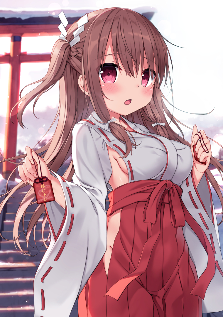 1girl :o blush braid breasts brown_hair commentary_request cowboy_shot day ezoshika groin hakama hip_vent holding japanese_clothes kimono large_breasts long_hair long_sleeves looking_at_viewer miko one_side_up open_mouth original outdoors purple_eyes red_hakama ribbon-trimmed_sleeves ribbon_trim sideboob sidelocks solo stairs straight_hair torii underbust very_long_hair white_kimono wide_sleeves