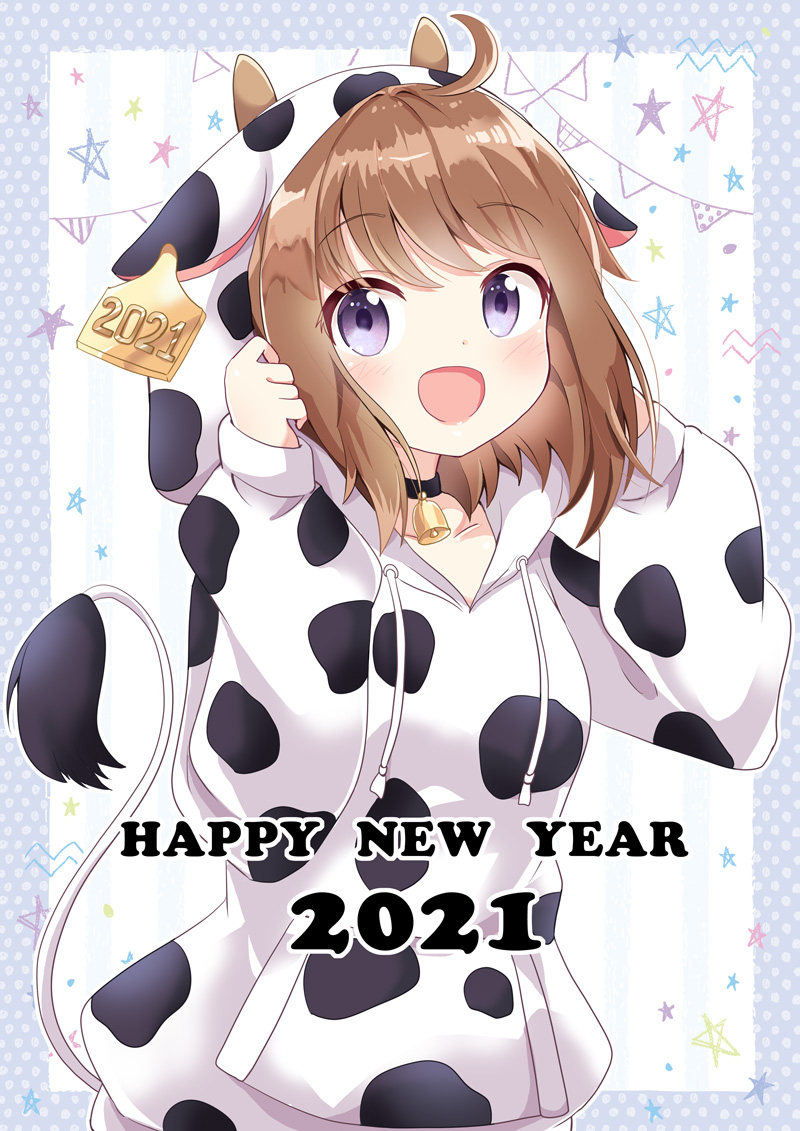 1girl 2021 :d ahoge animal_ears animal_print bangs bell bell_choker black_choker blush breasts brown_hair chinese_zodiac choker collarbone commentary_request cow_ears cow_horns cow_print cow_tail drawstring eyebrows_visible_through_hair fake_animal_ears fake_horns hands_up happy_new_year hood hood_up hoodie horns long_sleeves looking_at_viewer massala new_year open_mouth original pennant print_hoodie puffy_long_sleeves puffy_sleeves purple_eyes sleeves_past_wrists small_breasts smile solo string_of_flags tail upper_body white_hoodie year_of_the_ox