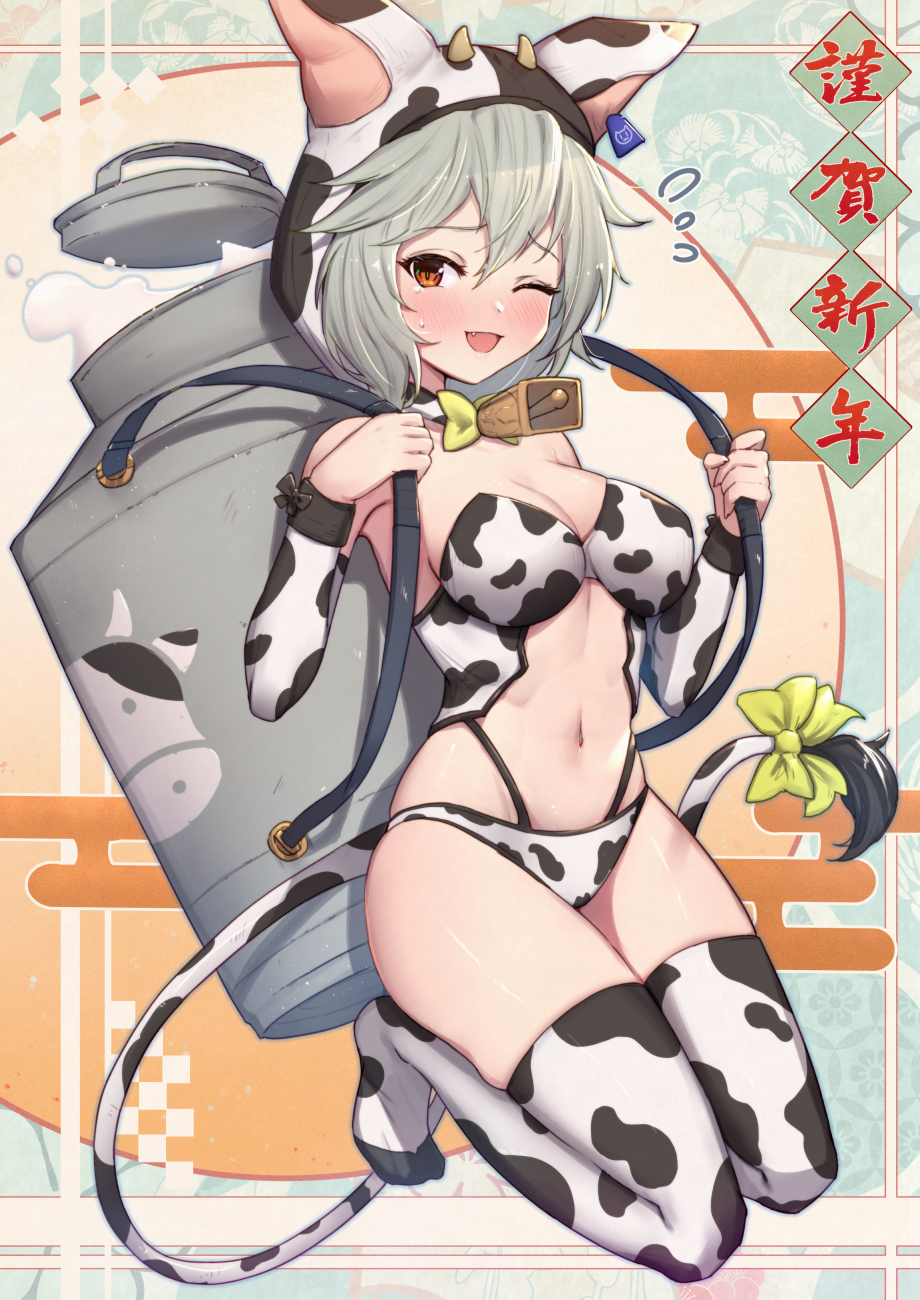 1girl ;d animal_hood animal_print armpits bare_shoulders bell bikini bow bowtie breasts carrying chinese_zodiac choker commentary_request cow_hood cow_print cow_tail cowbell detached_sleeves egasumi fang granblue_fantasy grey_hair hands_up happy_new_year highres hood kneeling long_sleeves looking_at_viewer medium_breasts midriff milk navel new_year one_eye_closed open_mouth orange_eyes revision sen_(granblue_fantasy) short_hair smile solo stomach sweatdrop swimsuit tail tail_bow tail_ornament thighhighs thighs uneg white_bikini white_legwear year_of_the_ox zodiac