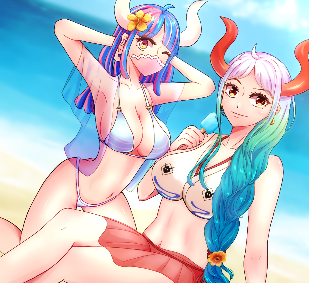 2girls adapted_costume ahoge alternate_costume alternate_hairstyle aqua_hair arms_behind_head beach bikini blue_hair blue_sky braid breasts cleavage commentary curled_horns day earrings food gradient_hair hair_over_shoulder horns jewelry koro7789x large_breasts long_hair looking_at_viewer mask mouth_mask multicolored_hair multiple_girls navel ocean one_eye_closed one_piece oni orange_horns outdoors popsicle purple_hair red_skirt silver_hair single_braid sitting skirt sky swimsuit two-tone_hair ulti_(one_piece) very_long_hair white_bikini yamato_(one_piece)