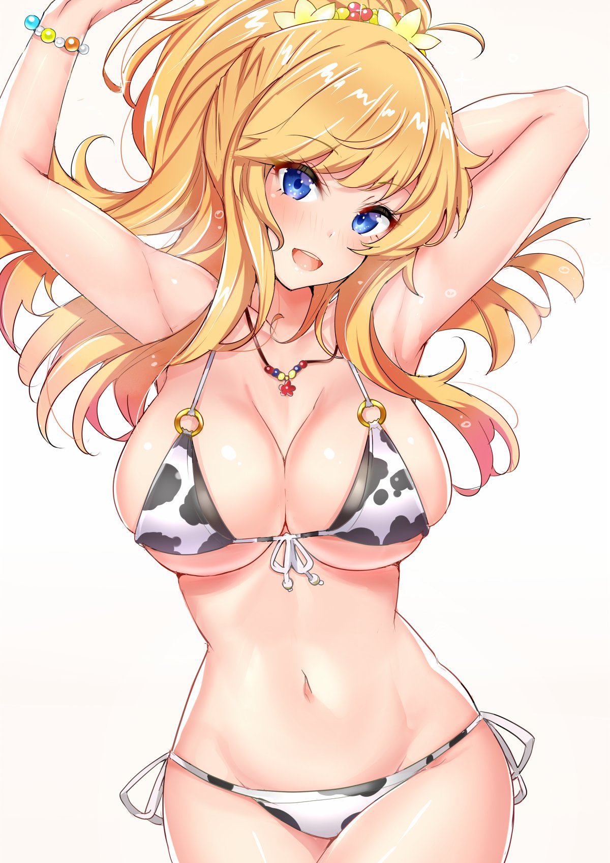 1girl animal_print arm_behind_head armpits arms_up bangs bare_shoulders bead_bracelet beads bikini blonde_hair blue_eyes blush bracelet breasts cleavage collarbone cow_print eyebrows_visible_through_hair flower front-tie_top hair_flower hair_ornament highres hip_focus idolmaster idolmaster_cinderella_girls jewelry large_breasts long_hair looking_at_viewer navel necklace o-ring o-ring_bikini ootsuki_yui open_mouth ponytail sankakusui shiny shiny_hair shiny_skin simple_background skindentation smile solo swept_bangs swimsuit wavy_hair white_background white_bikini