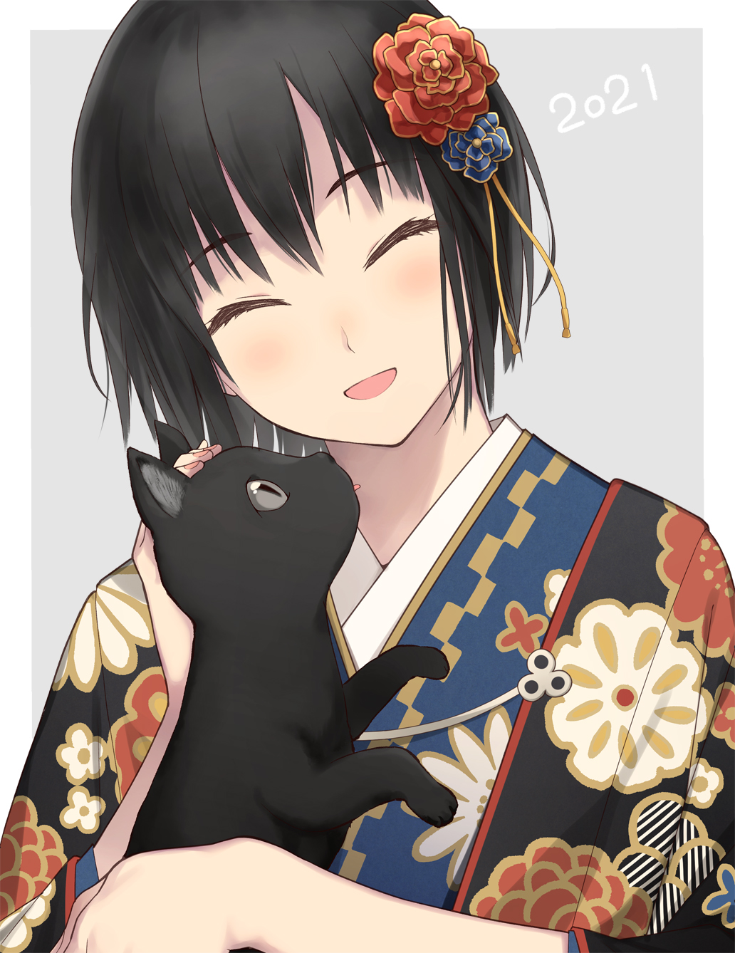 1girl 2021 amagami bangs black_hair cat closed_eyes eyebrows_visible_through_hair flower hair_flower hair_ornament head_tilt highres japanese_clothes kimono nanasaki_ai open_mouth petting serizawa_(serizawaroom) solo two-tone_background upper_body