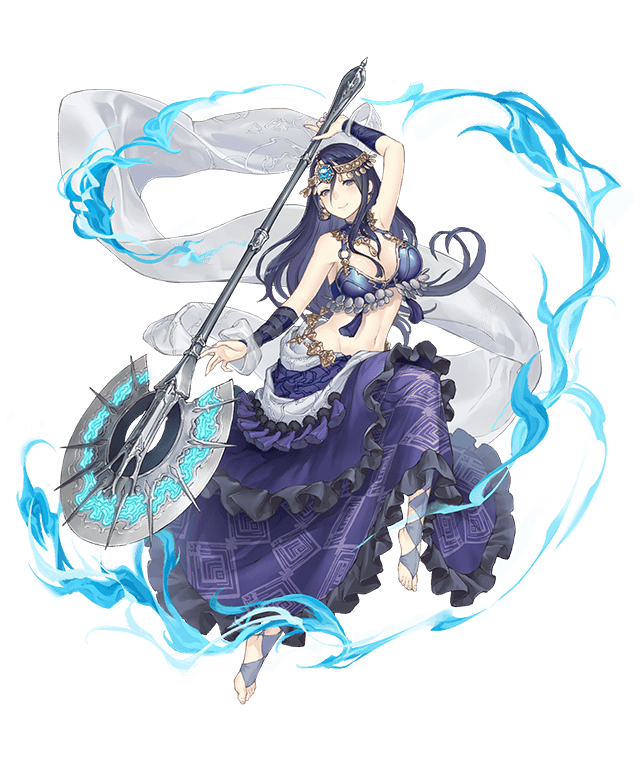 1girl barefoot blue_eyes dark_blue_hair frilled_skirt frills full_body hair_between_eyes jewelry kaguya_hime_(sinoalice) long_hair looking_at_viewer mace midriff official_art plantar_flexion shawl sinoalice skirt smile solo transparent_background weapon