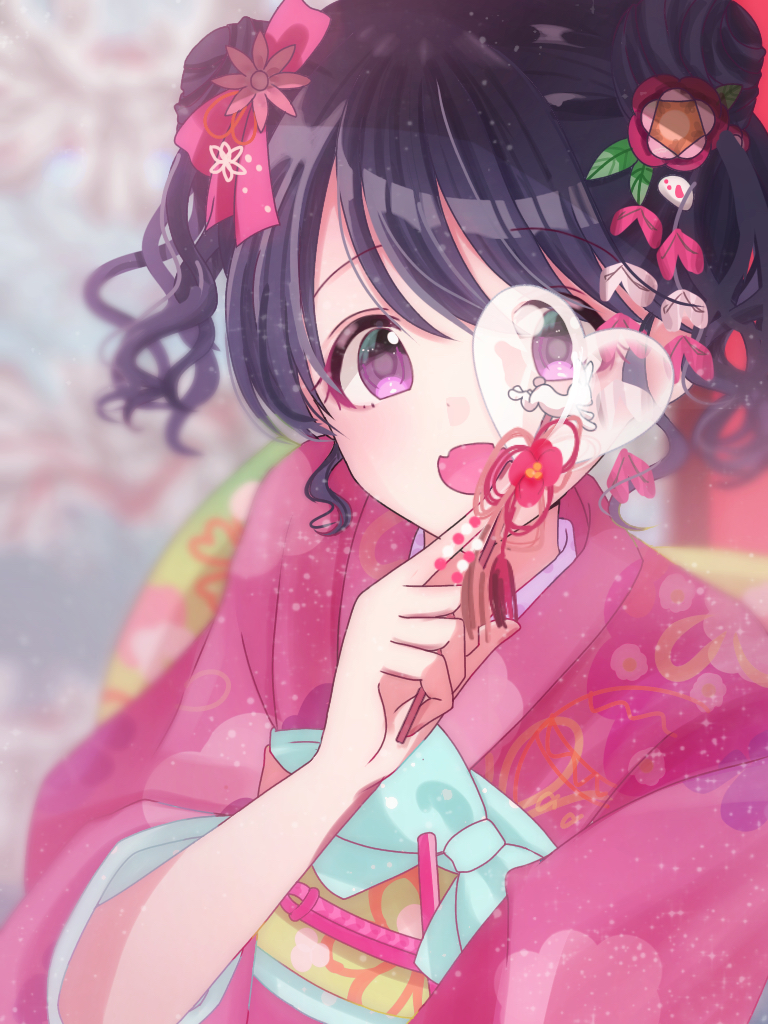 1girl artist_request black_hair blurry blurry_background bunny_hair_ornament commentary_request double_bun fangs flower fukumaru_koito hair_flower hair_ornament hair_ribbon idolmaster idolmaster_shiny_colors japanese_clothes kimono looking_at_viewer obi pink_kimono purple_eyes ribbon sash short_hair short_twintails skin_fangs solo twintails upper_body