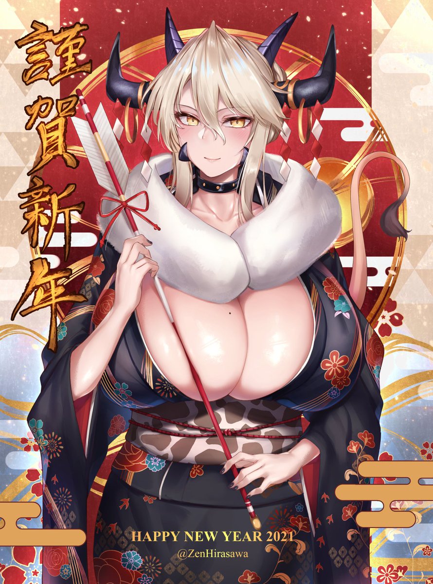 1girl 2021 artoria_pendragon_(all) artoria_pendragon_(lancer_alter) breasts cleavage fate/grand_order fate_(series) happy_new_year highres hirasawa_seiji horn_ornament horns huge_breasts japanese_clothes kimono mature mole mole_on_breast nail_polish new_year platinum_blonde_hair smile twitter_username yellow_eyes