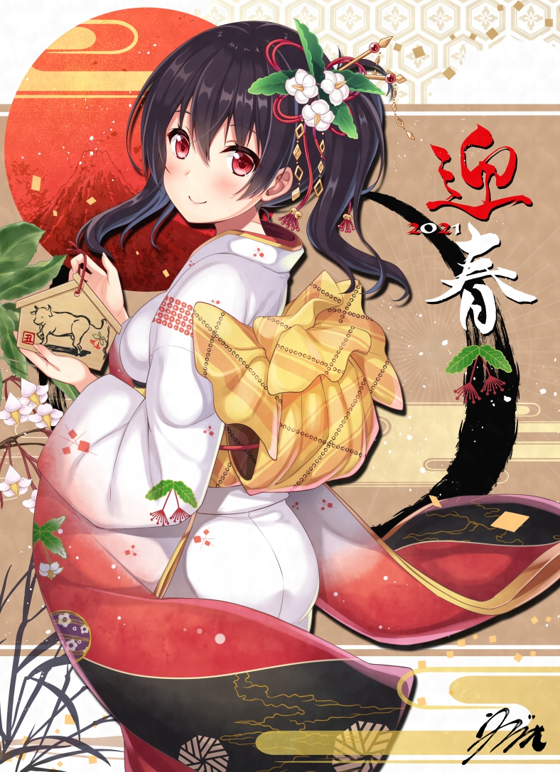 1girl 2021 bangs black_hair blush breasts closed_mouth commentary_request egasumi ema eyebrows_visible_through_hair flower flower_knight_girl hair_between_eyes hair_flower hair_ornament holding japanese_clothes kimono long_hair long_sleeves looking_at_viewer looking_to_the_side manryou_(flower_knight_girl) medium_breasts mount_fuji nengajou new_year obi object_namesake red_eyes sash signature smile solo twintails utsurogi_akira white_flower white_kimono wide_sleeves