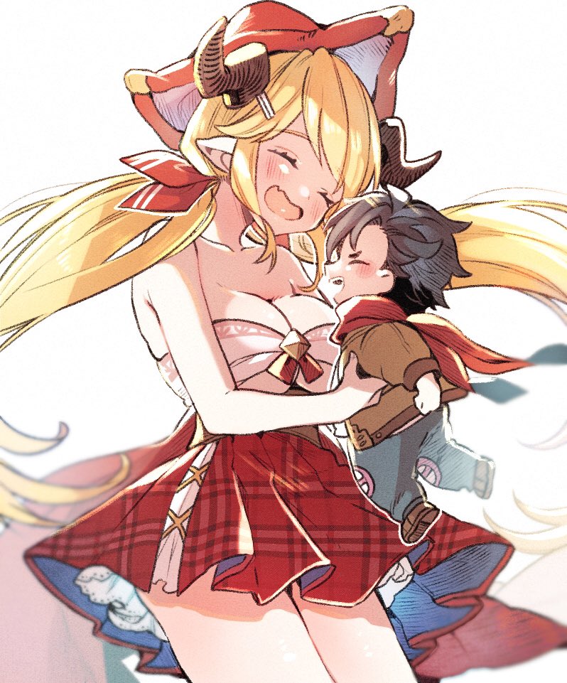 1boy 1girl 961sk_q black_hair blonde_hair breasts cleavage closed_eyes draph granblue_fantasy hallessena hat horns large_breasts long_hair low_twintails plaid plaid_skirt pointy_ears scarf skirt smile tetsurou_(granblue_fantasy) toddler twintails