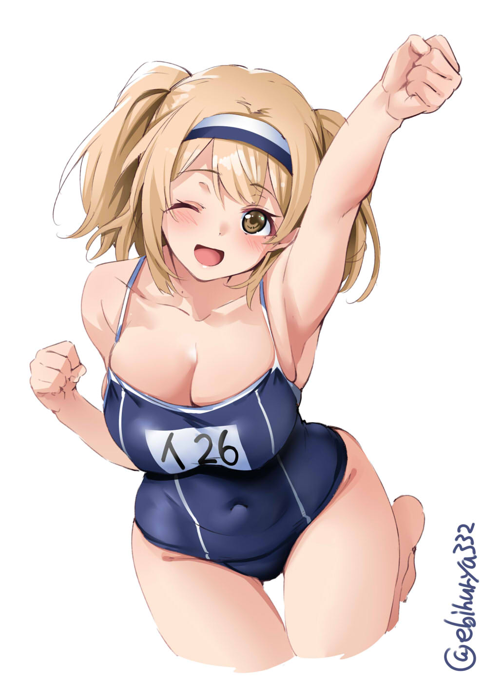 1girl ;d armpits arms_up bangs bare_arms bare_shoulders barefoot blush breasts brown_eyes cleavage collarbone competition_school_swimsuit covered_navel cropped_legs ebifurya eyebrows_visible_through_hair hairband highres i-26_(kantai_collection) kantai_collection large_breasts light_brown_hair long_hair looking_at_viewer name_tag one-piece_swimsuit one_eye_closed open_mouth simple_background skindentation smile solo swimsuit twitter_username two-tone_hairband two_side_up
