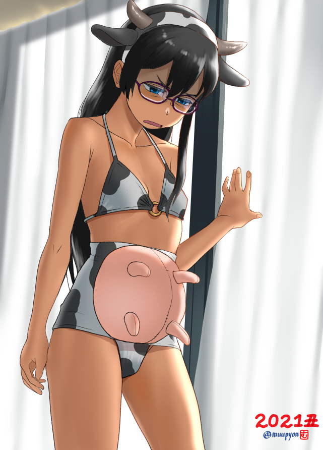 1girl 2021 alternate_costume animal_ears animal_print bangs bikini black_hair blue_eyes breasts chinese_zodiac cow_ears cow_horns cow_print curtains disgust fake_horns glasses hair_between_eyes horns kantai_collection long_hair mu-pyon new_year ooyodo_(kantai_collection) open_mouth shaded_face small_breasts solo swimsuit twitter_username udder window year_of_the_ox