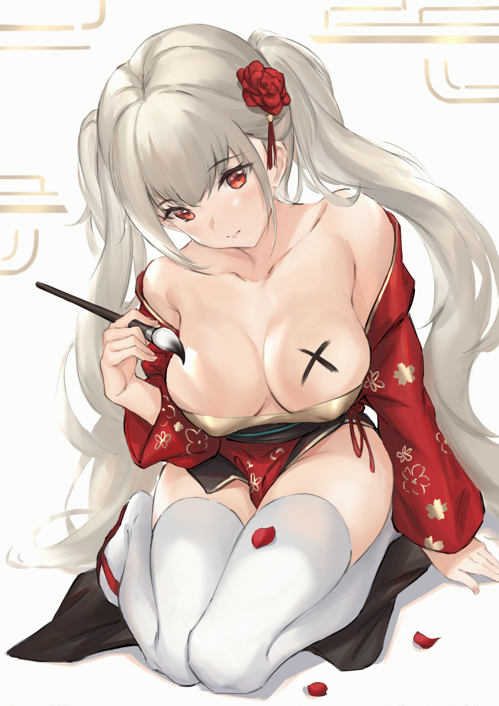 1girl azur_lane bare_shoulders black_hair blush bodypaint breasts calligraphy_brush cleavage closed_mouth collarbone commentary_request covered_nipples flower formidable_(azur_lane) full_body hair_flower hair_ornament highres holding holding_brush ink japanese_clothes kimono kneeling large_breasts long_sleeves looking_at_viewer off_shoulder open_clothes open_kimono paintbrush parfaitlate petals red_eyes red_flower red_kimono silver_hair solo thighhighs white_background white_legwear
