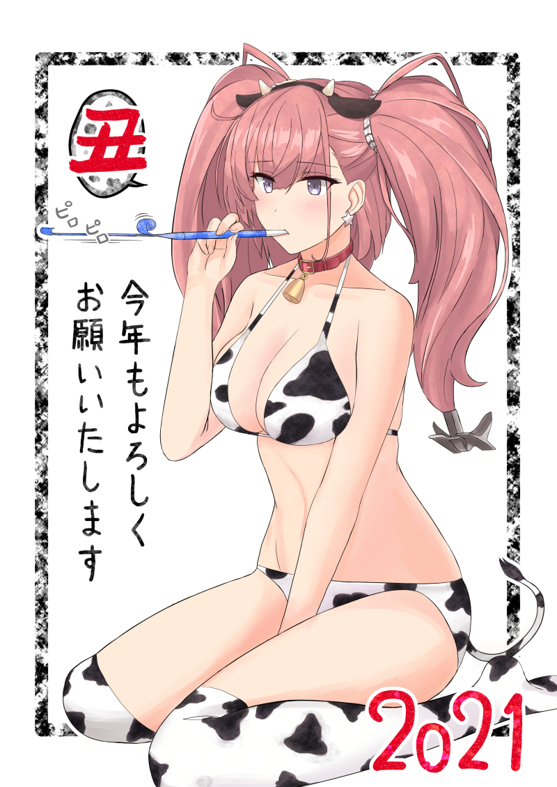 1girl 2021 anchor_hair_ornament animal_ears animal_print atlanta_(kantai_collection) bikini breasts brown_hair chinese_zodiac cleavage commentary_request cow_ears cow_horns cow_print earrings fake_animal_ears fake_horns full_body grey_eyes hair_ornament horns jewelry kantai_collection large_breasts long_hair new_year nuko_(phylactery) party_whistle solo star_(symbol) star_earrings swimsuit thighhighs two_side_up white_bikini white_legwear year_of_the_ox
