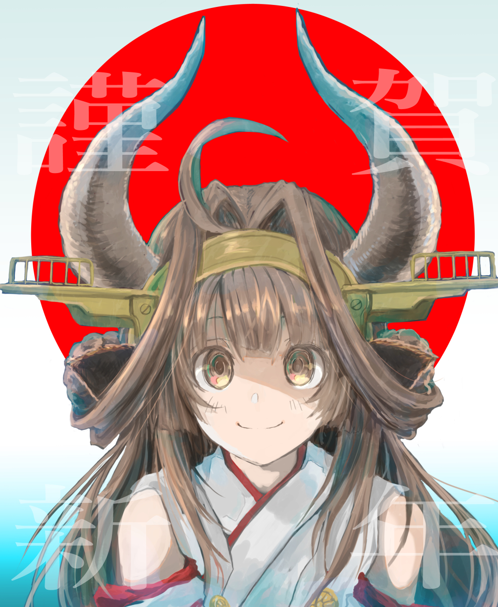 1girl ahoge brown_hair chicken99 circle commentary_request cow_horns double_bun hairband headgear highres horns japanese_clothes kantai_collection kongou_(kantai_collection) long_hair looking_at_viewer new_year smile solo upper_body