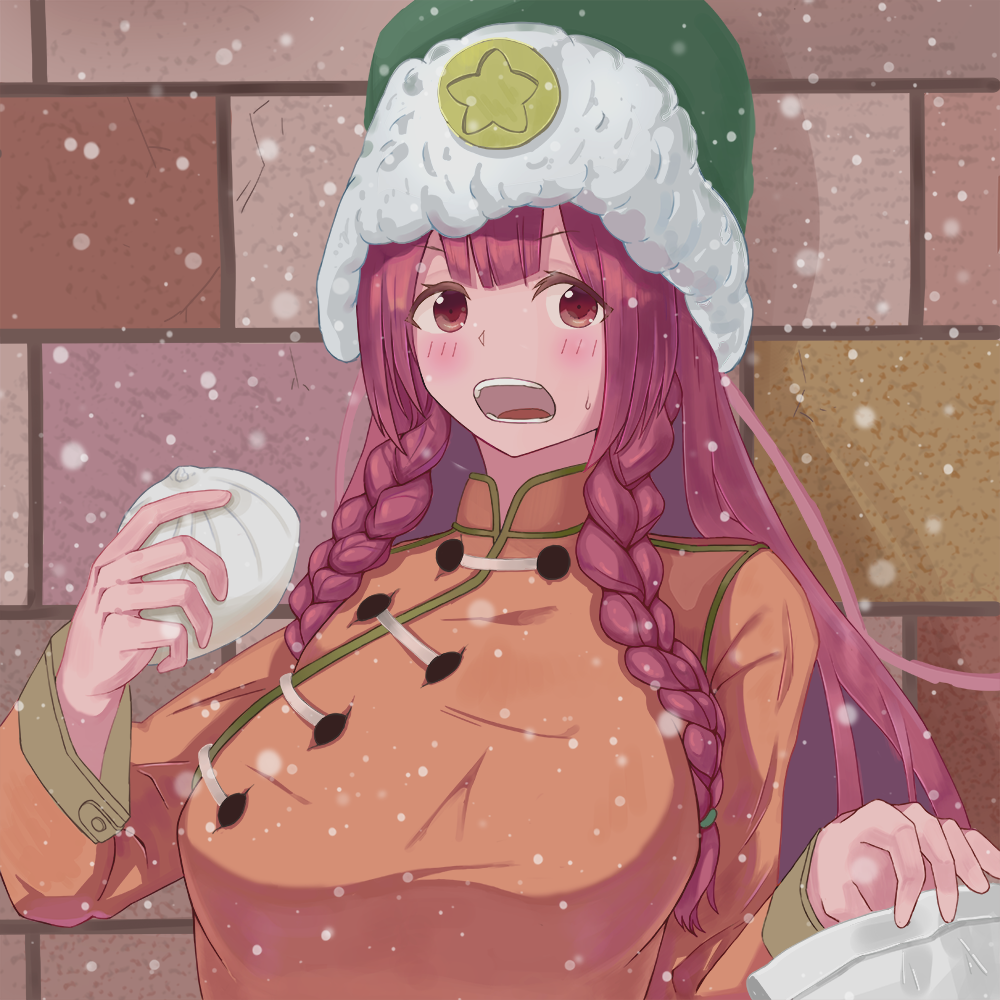 alternate_costume baozi braid china_dress chinese_clothes dress eating food fur_hat green_eyes hat hat_ornament hiw5477 hong_meiling long_hair red_hair star_(symbol) star_hat_ornament the_embodiment_of_scarlet_devil touhou twin_braids winter