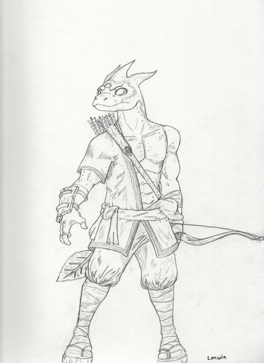 abs amphibian anthro armwear arrow asian_clothing bandage bandaged_arm bow_(weapon) clothed clothing east_asian_clothing featureless_chest finned_tail footwear geta holding_object holding_weapon hylotl japanese_clothing lanwin leg_wraps male monochrome muscular muscular_anthro muscular_male partially_clothed pecs ranged_weapon salamander_(amphibian) sash signature simple_background socks solo standing starbound traditional_media_(artwork) video_games weapon wraps