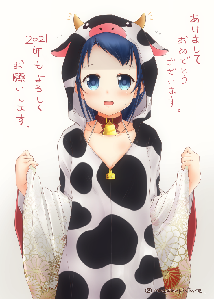 1girl artist_name bangs bell blue_eyes blue_hair blush collar collarbone commentary_request cow_hood cowbell kantai_collection looking_at_viewer mae_(maesanpicture) open_mouth red_collar samidare_(kantai_collection) simple_background solo swept_bangs translation_request white_background