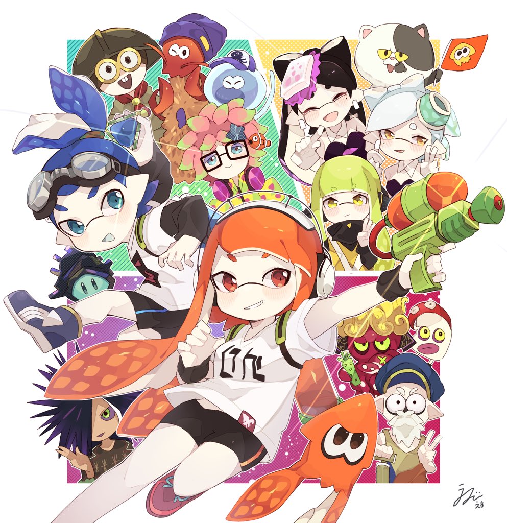 +_+ 5girls 6+boys annie_(splatoon) anniversary artist_name bangs beard bike_shorts black-framed_eyewear black_hair black_jumpsuit black_sclera black_shirt black_shorts blue_eyes blue_footwear blue_hair blue_headwear blunt_bangs callie_(splatoon) cap'n_cuttlefish clownfish collar colored_sclera commentary cousins crusty_sean detached_collar diffraction_spikes dj_octavio domino_mask earrings facial_hair facing_another flag food food_on_head goggles goggles_on_head green_hair grin hair_pulled_back hat headgear holding holding_flag holding_weapon ika_esu ink_tank_(splatoon) inkling jelonzo_(splatoon) jewelry judd_(splatoon) jumping logo long_hair long_sleeves looking_at_viewer marie_(splatoon) mask moe_(splatoon) mole mole_under_eye multiple_boys multiple_girls object_on_head octotrooper orange_eyes orange_hair outside_border peaked_cap pink_hair pointy_ears purple_footwear purple_hair rectangular_eyewear red_eyes scrunchie sheldon_(splatoon) shirt shoes short_hair short_over_long_sleeves short_sleeves shorts signature silver_hair single_vertical_stripe smile smirk sneakers spiked_hair splat_bomb_(splatoon) splatoon_(series) splatoon_1 splattershot_(splatoon) spyke_(splatoon) squid squidbeak_splatoon standing strapless swept_bangs t-shirt tentacle_hair tied_hair topknot v vest waving weapon white_collar white_shirt yellow_eyes yellow_vest