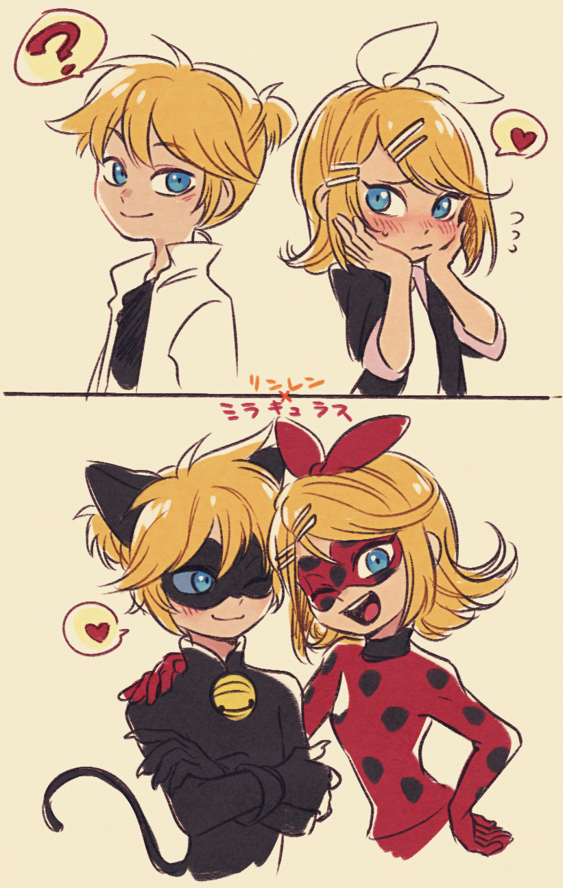 1boy 1girl ;) ;d ? adrien_agreste adrien_agreste_(cosplay) animal_ears back-to-back bell black_bodysuit blonde_hair blue_eyes blue_sclera blush bodysuit cat_boy cat_ears catsuit chat_noir chat_noir_(cosplay) colored_sclera commentary cosplay crossed_arms domino_mask hair_ornament hairclip hand_on_another's_shoulder hand_on_hip hands_on_own_cheeks hands_on_own_face heart highres kagamine_len kagamine_rin ladybug_(character) ladybug_(character)_(cosplay) looking_at_another looking_at_viewer marinette_dupain-cheng marinette_dupain-cheng_(cosplay) mask miraculous_ladybug nervous one_eye_closed open_mouth polka_dot pout short_ponytail smile spoken_heart spoken_question_mark translated ukata vocaloid