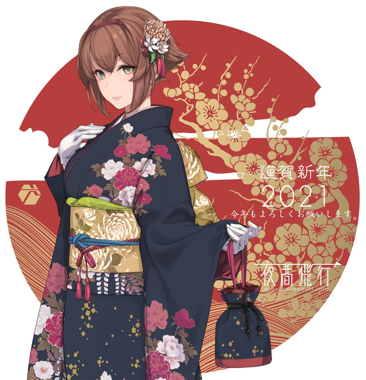 1girl 2021 bag bangs breasts brown_hair eyebrows_visible_through_hair floral_print gloves hair_ornament hand_on_own_chest highres holding holding_bag japanese_clothes kantai_collection kimono long_sleeves mutsu_(kantai_collection) new_year obi rokuwata_tomoe sash short_hair smile solo upper_body watermark web_address white_gloves wide_sleeves yellow_eyes