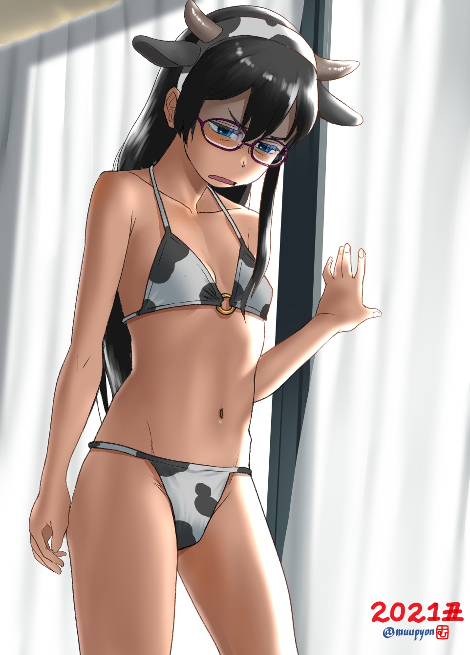 1girl 2021 alternate_costume animal_ears animal_print bangs bikini black_hair blue_eyes breasts chinese_zodiac cow_ears cow_horns cow_print curtains disgust fake_horns glasses hair_between_eyes highres horns kantai_collection long_hair mu-pyon new_year ooyodo_(kantai_collection) open_mouth shaded_face small_breasts solo swimsuit twitter_username window year_of_the_ox
