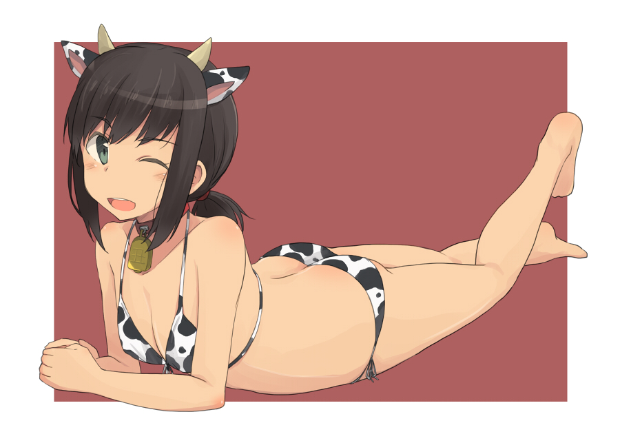 1girl animal_ears animal_print ass barefoot bell bikini black_hair border breasts brown_background cleavage commentary_request cow_ears cow_horns cow_print cowbell fake_animal_ears fake_horns fubuki_(kantai_collection) full_body green_eyes horns kantai_collection kugui_kiyunemu long_hair looking_at_viewer low_ponytail lying on_stomach one_eye_closed ponytail short_ponytail side-tie_bikini sidelocks small_breasts solo swimsuit two-tone_background upper_body white_bikini white_border