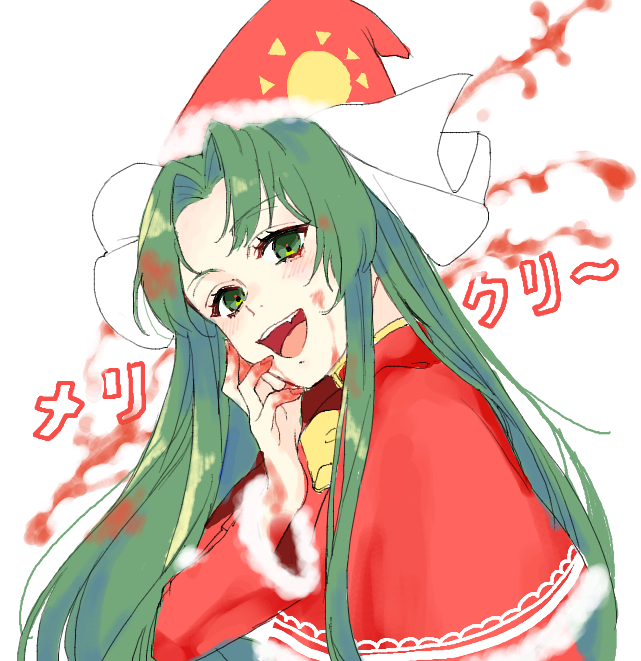 1girl blood bloody_hands blush bow capelet christmas eyebrows_visible_through_hair eyelashes fang green_eyes green_hair hand_on_own_face happy hat jill_07km long_hair long_sleeves looking_at_viewer mima_(touhou) red_shirt shirt simple_background sun_(symbol) tongue touhou touhou_(pc-98) translation_request upper_body upper_teeth very_long_hair white_background white_bow wizard_hat