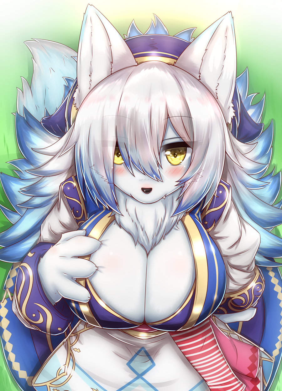 2019 4_fingers anthro asena_(full_bokko_heroes_x) big_breasts black_nose blue_body blue_fur blue_hair blush breasts canid canine chest_tuft claws cleavage clothed clothing cute_fangs female fingers fox full_bokko_heroes_x fullbokko_heroes fur gradient_background hair hair_over_eye half-length_portrait headgear headwear hi_res high-angle_view horokusa0519 huge_breasts kemono long_hair looking_at_viewer mammal multicolored_body multicolored_clothing multicolored_fur multicolored_hair one_eye_obstructed portrait simple_background solo translucent translucent_hair tuft white_body white_fur white_hair yellow_eyes