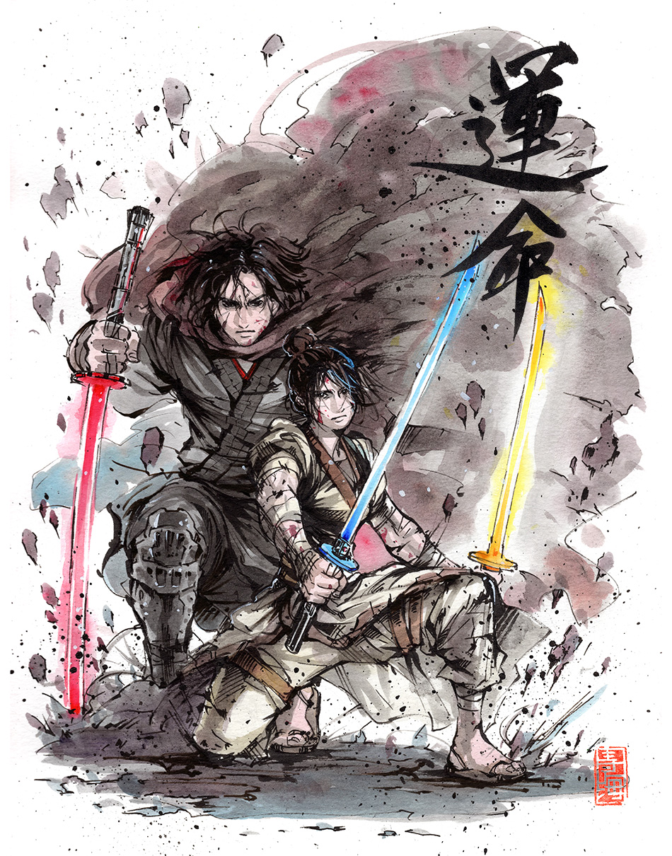 1boy 1girl alternate_universe bangs barefoot_sandals black_eyes black_hair cloak dual_wielding energy_sword floating_hair hair_bun highres holding holding_sword holding_weapon jedi katana kylo_ren lightsaber looking_at_viewer mycks rey_(star_wars) samurai sith star_wars star_wars:_the_rise_of_skywalker sword traditional_media watercolor_(medium) weapon