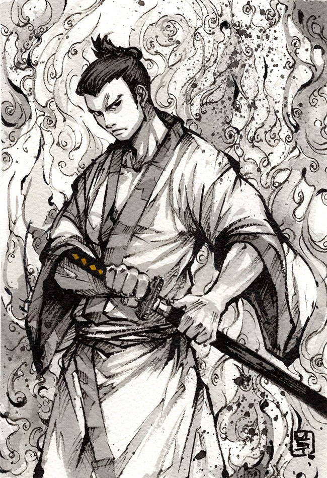 1boy black_eyes black_hair dougi greyscale hair_behind_ear holding holding_sword holding_weapon ink_(medium) katana looking_to_the_side male_focus monochrome mycks samurai samurai_jack samurai_jack_(character) sheath solo spot_color sword tied_hair traditional_media unsheathing weapon