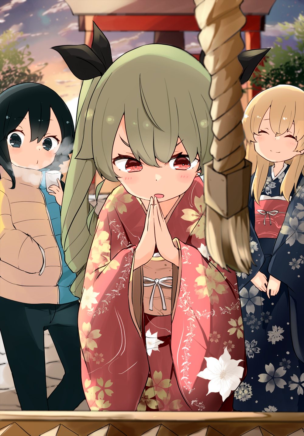 3girls anchovy_(girls_und_panzer) bangs barashiya black_eyes black_hair black_kimono black_pants black_ribbon blonde_hair blowing blue_sky blurry blurry_background blurry_foreground box braid carpaccio_(girls_und_panzer) closed_eyes closed_mouth cloud cloudy_sky commentary cup depth_of_field disposable_cup donation_box drill_hair floral_print furisode girls_und_panzer gradient_sky green_hair green_jacket hair_ribbon hand_in_pocket hands_together hatsumoude highres holding holding_cup jacket japanese_clothes kimono long_hair looking_at_viewer multiple_girls new_year obi open_mouth orange_sky outdoors pants parted_lips pepperoni_(girls_und_panzer) praying print_kimono red_eyes red_kimono ribbon rope sash short_hair side_braid sky smile standing steam stone_floor tree twilight twin_drills twintails two-tone_jacket v_arms wide_sleeves yellow_jacket