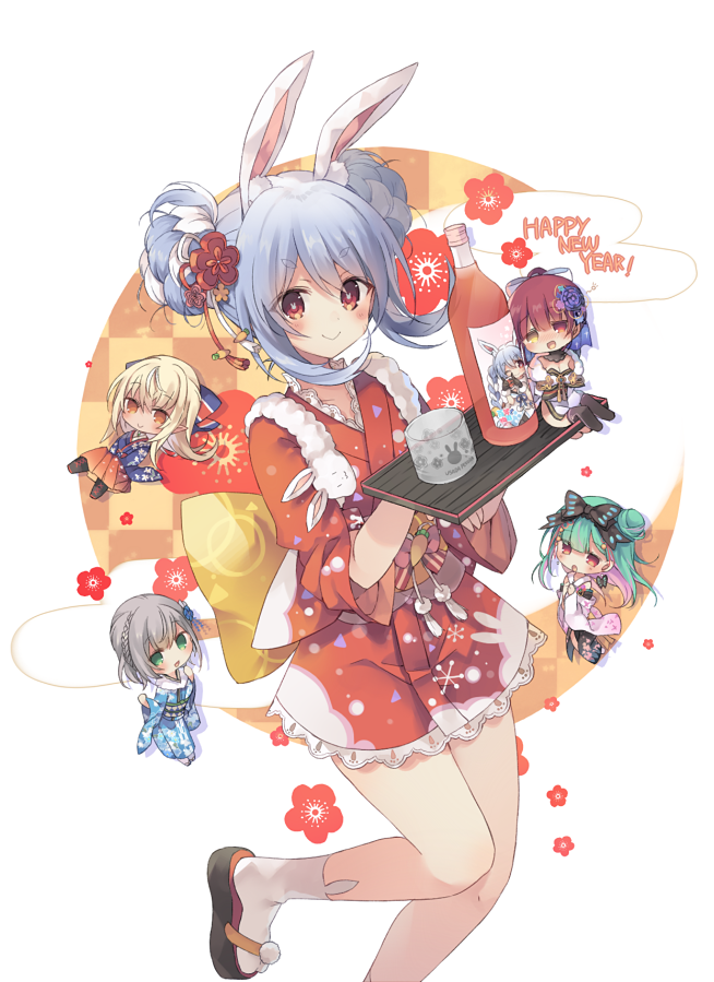 &gt;:) animal_band_legwear animal_ear_fluff animal_ears bangs bare_legs blue_hair blush bunny-shaped_pupils bunny_band_legwear bunny_ears chibi chibi_inset closed_mouth double_bun feet_out_of_frame gradient_eyes hair_ornament happy_new_year hikimayu holding holding_tray hololive hololive_fantasy houshou_marine japanese_clothes kanzashi kimono kimono_skirt knee_up long_hair multicolored multicolored_eyes multicolored_hair new_year official_alternate_costume okobo orange_eyes rabbit_girl red_eyes red_kimono rento_(rukeai) shiranui_flare shirogane_noel short_eyebrows socks solo_focus swept_bangs tray two-tone_hair uruha_rushia usada_pekora v-shaped_eyebrows virtual_youtuber white_hair