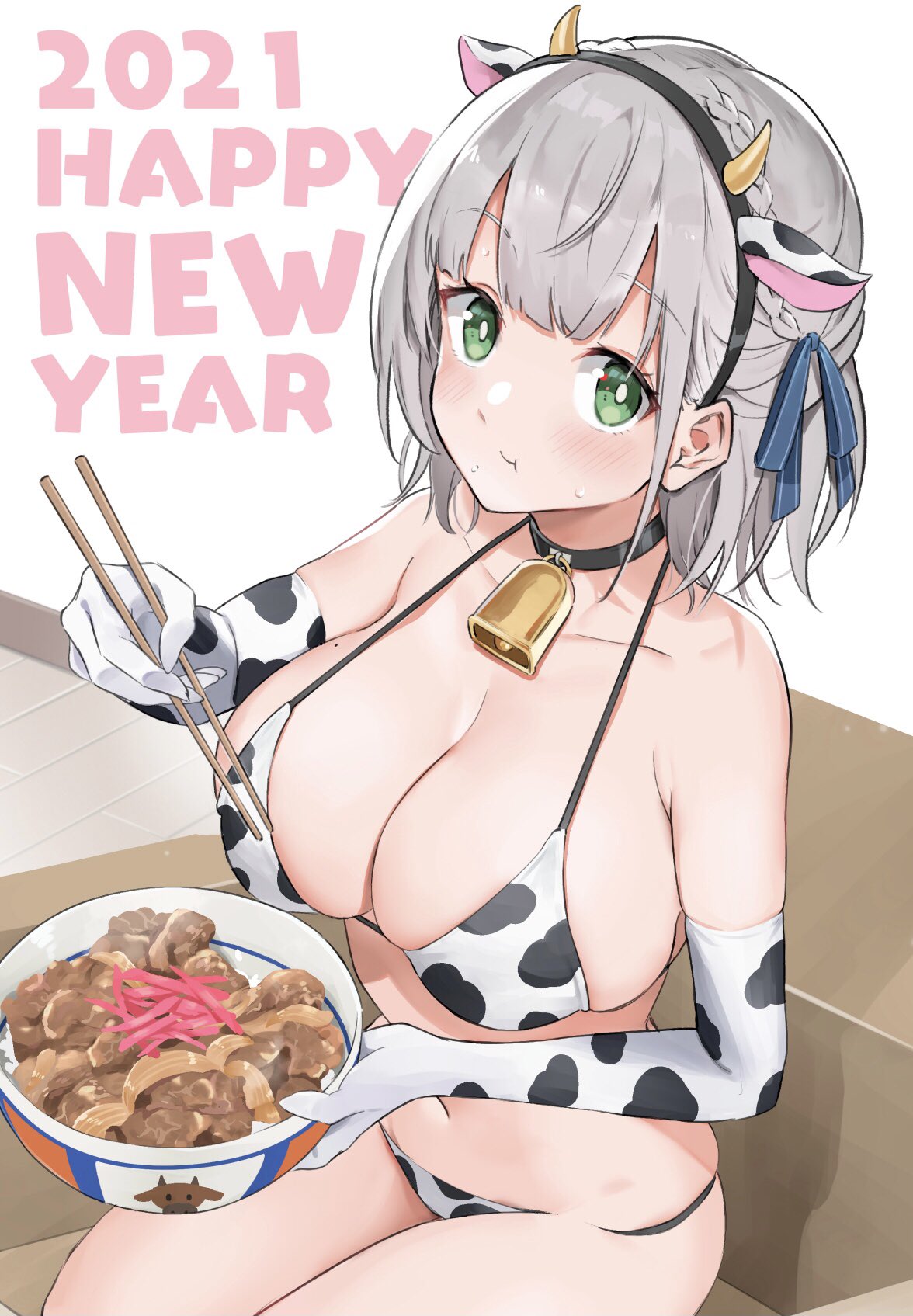 1girl 2021 :t alternate_costume animal_costume animal_ears animal_print bangs bare_shoulders bell bell_collar bikini black_hairband blush bowl breasts chinese_zodiac chopsticks cleavage collar collarbone cow_costume cow_ears cow_girl cow_horns cow_print cowbell eating elbow_gloves eyebrows_visible_through_hair fake_horns food food_on_face gloves green_eyes grey_hair hairband happy_new_year highres holding holding_bowl holding_chopsticks hololive horns large_breasts looking_at_viewer muteki_soda new_year print_bikini shirogane_noel short_hair silver_hair simple_background sitting skindentation solo swimsuit virtual_youtuber white_background year_of_the_ox