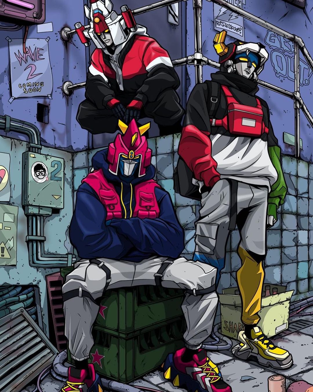 blue_hoodie choudenji_machine_voltes_v crossed_arms crossover daimos daimos_(mecha) fashion golion_(mecha) hand_in_pocket highres hood hoodie hyakujuu-ou_golion jacket kensuke_creations looking_down looking_up mecha multiple_crossover no_humans pants red_vest shoes sneakers squatting super_robot sweatpants track_jacket vest voltes_v_(mecha) voltron_(mecha) voltron_(series)