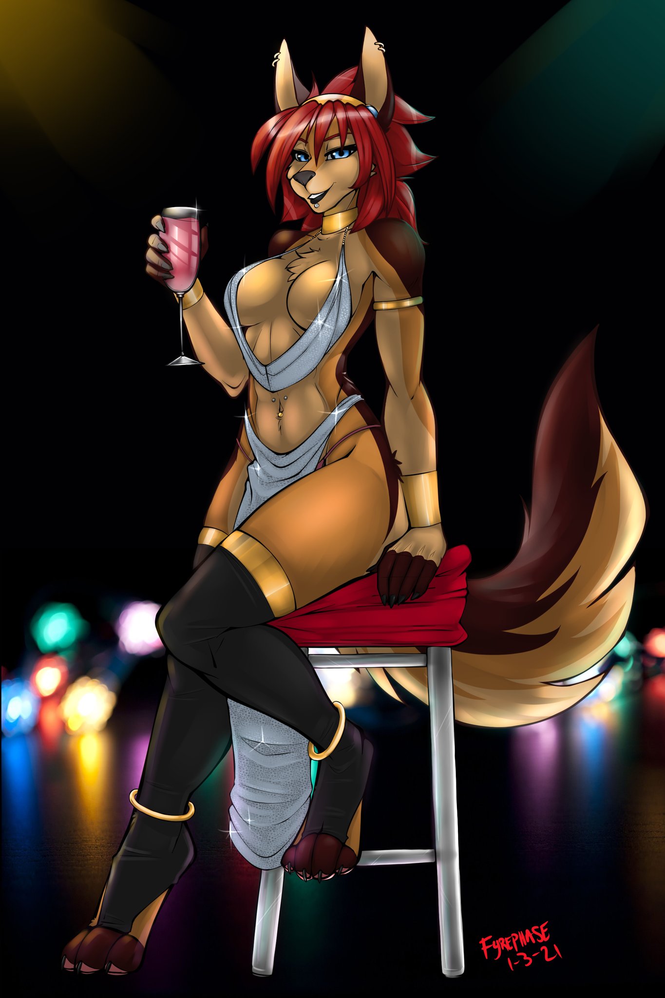 2021 alcohol anthro armband ayn bangle barstool beverage black-backed_jackal black_body black_fur bracelet breasts brown_body brown_fur canid canine canis cleavage clothed clothing digital_media_(artwork) dress ear_piercing ear_ring facial_piercing female fur furniture fyrephase gold_(metal) gold_jewelry hair headgear headwear hi_res holding_beverage holding_object jackal jewelry leggings legwear lip_piercing looking_at_viewer mammal multicolored_body multicolored_fur navel navel_piercing piercing red_hair sitting skimpy solo stool toeless_legwear two_tone_body two_tone_fur wine wine_glass
