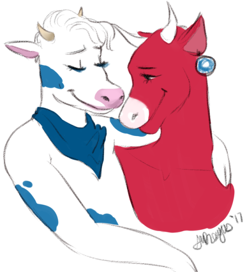 anonymous_artist anthro blue_body blue_fur bovid bovine cattle cowboy_(artist) duo ear_piercing female female/female fur holstein_friesian_cattle horn lactaid lactaid_cow mammal mascot piercing red_body red_fur smile the_laughing_cow